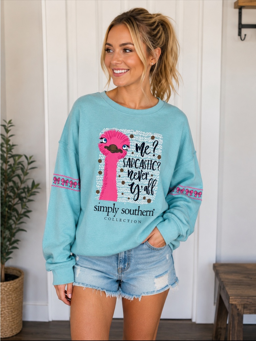 Simply Southern Pink Ostrich‎ Graphic on Light Blue Sweatshirt. Size XL.